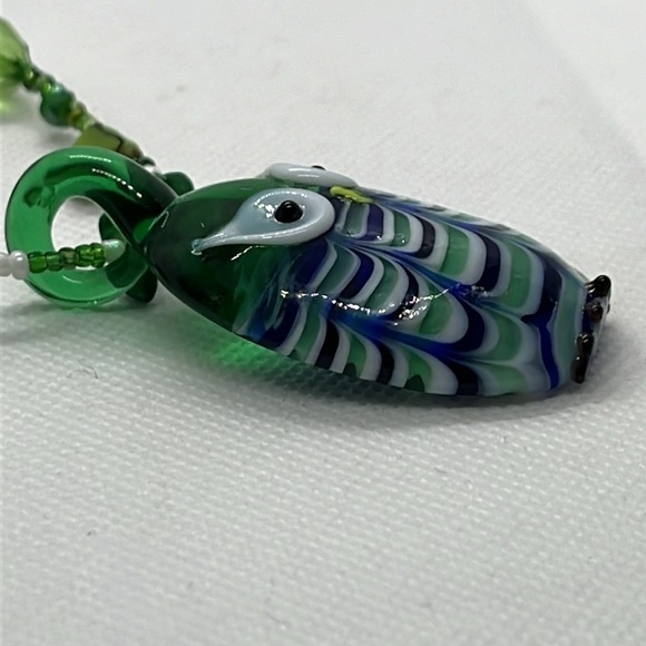 Glass Owl Necklace and Matching Earrings Green Blue and White - Picture 3 of 9